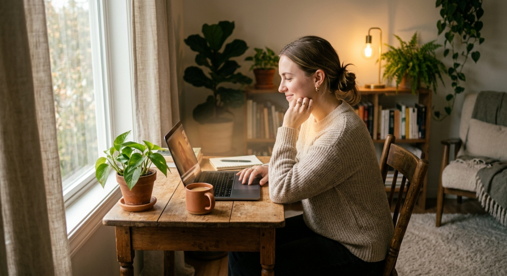 Online ThetaHealing konzultáció otthoni környezetben, laptop előtt ülő személy